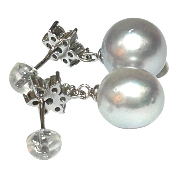 Round 10.9mm Indonesian Silver White South Sea Pearl Dangle Earrings