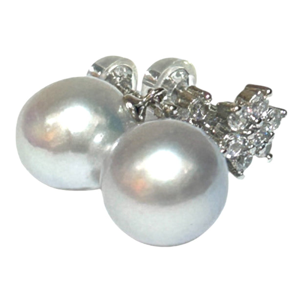 Round 10.9mm Indonesian Silver White South Sea Pearl Dangle Earrings