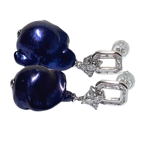 Baroque Giant 13.5x17.5mm Keshi Navy Black Blue Pearl Dangle Earrings