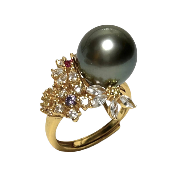 Cocktail Natural Peacock Black 12.2mm Round Tahitian Pearl Ring Size 6