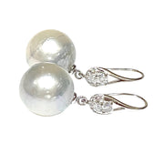 Huge Round 13.6mm Silver White South Sea Pearl Dangle Hook Earrings