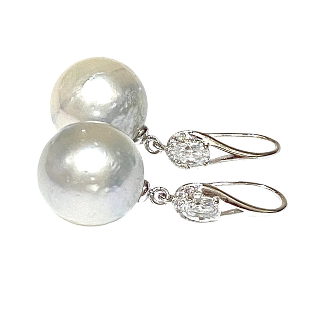 Huge Round 13.6mm Silver White South Sea Pearl Dangle Hook Earrings