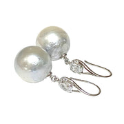 Huge Round 13.6mm Silver White South Sea Pearl Dangle Hook Earrings