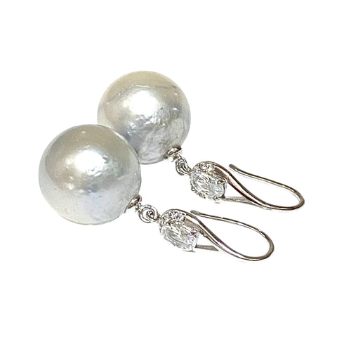 Huge Round 13.6mm Silver White South Sea Pearl Dangle Hook Earrings