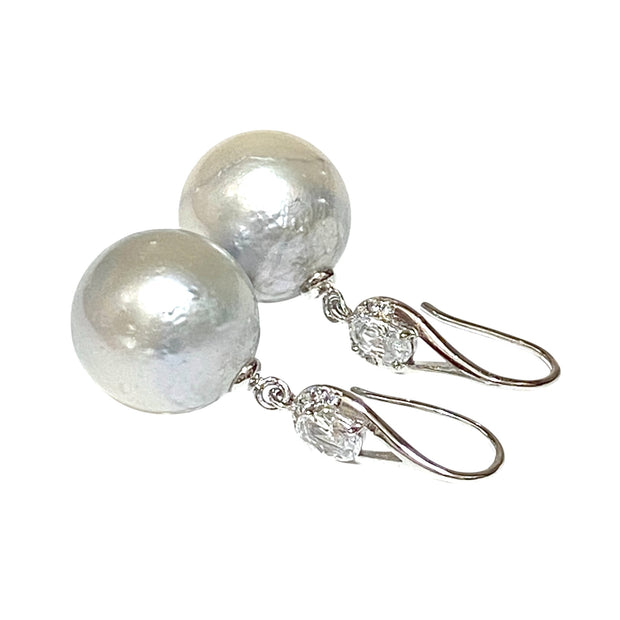 Huge Round 13.6mm Silver White South Sea Pearl Dangle Hook Earrings