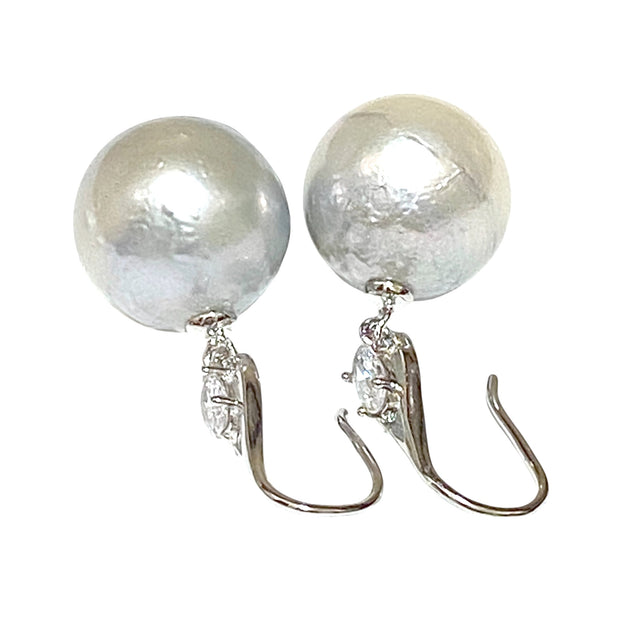 Huge Round 13.6mm Silver White South Sea Pearl Dangle Hook Earrings