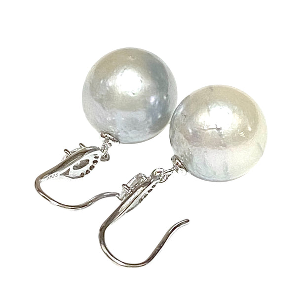 Huge Round 13.6mm Silver White South Sea Pearl Dangle Hook Earrings