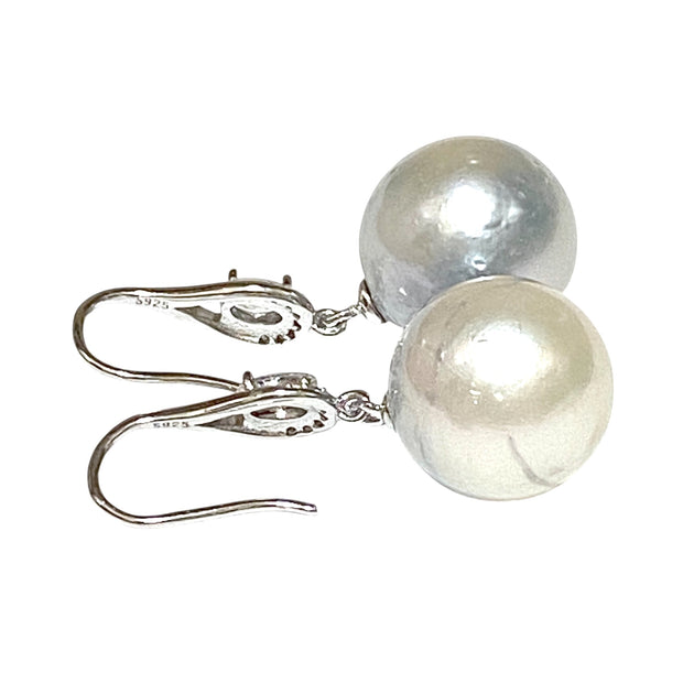 Huge Round 13.6mm Silver White South Sea Pearl Dangle Hook Earrings