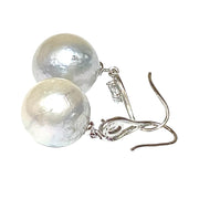 Huge Round 13.6mm Silver White South Sea Pearl Dangle Hook Earrings