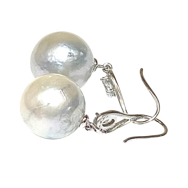 Huge Round 13.6mm Silver White South Sea Pearl Dangle Hook Earrings