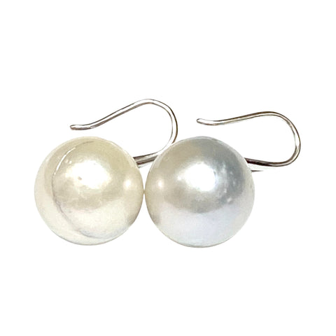 Huge Round 13.6mm Silver White South Sea Pearl Dangle Hook Earrings