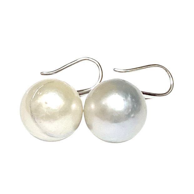 Huge Round 13.6mm Silver White South Sea Pearl Dangle Hook Earrings