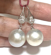 Huge Round 13.6mm Silver White South Sea Pearl Dangle Hook Earrings