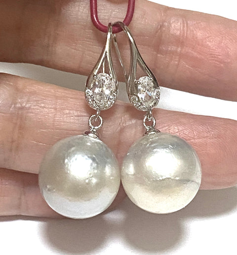 Huge Round 13.6mm Silver White South Sea Pearl Dangle Hook Earrings