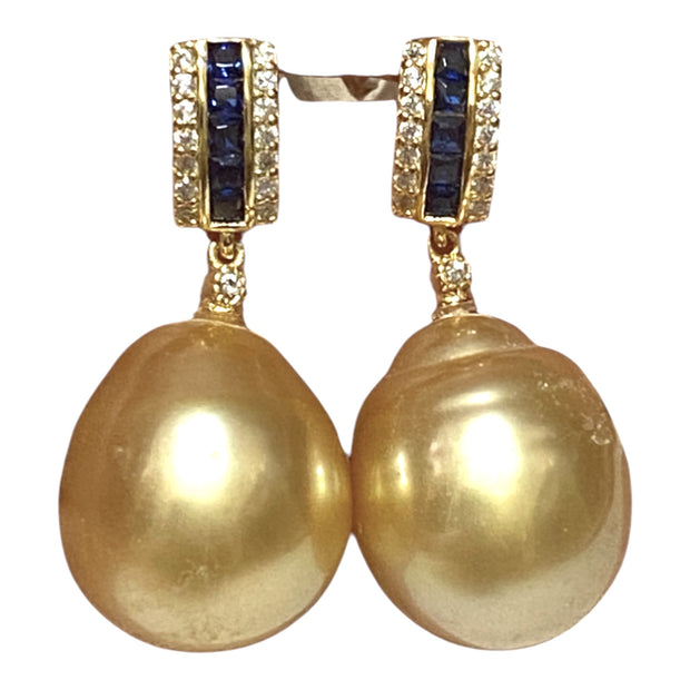 Huge 12.5 x 14.5m Rich Gold Philippines South Sea Pearl Dangle Earrings