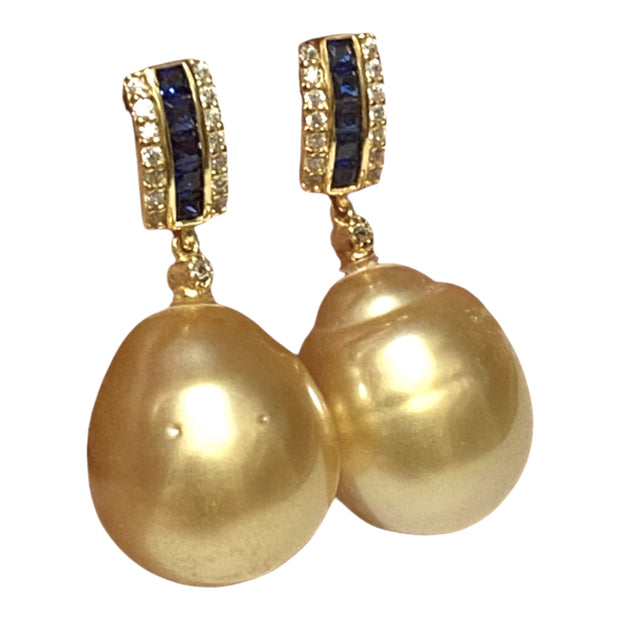 Huge 12.5 x 14.5m Rich Gold Philippines South Sea Pearl Dangle Earrings