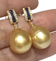 Huge 12.5 x 14.5m Rich Gold Philippines South Sea Pearl Dangle Earrings