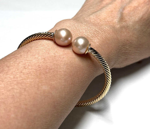 Double Pearls Twist Gold Edison Peach Pink 11mm Round Pearl BangleGorgeous Double Pearls / Twist Style Gold Plated Bangle / Edison Natural Peach Pink Gold 2 x 11mm Round Cultured Pearl 8 - 8.5" Bangle / Best For GiftPEARL INFORMATIBraceletsFine JewelryThe Fine Pearls JewelryDouble Pearls Twist Gold Edison Peach Pink 11mm Round Pearl Bangle