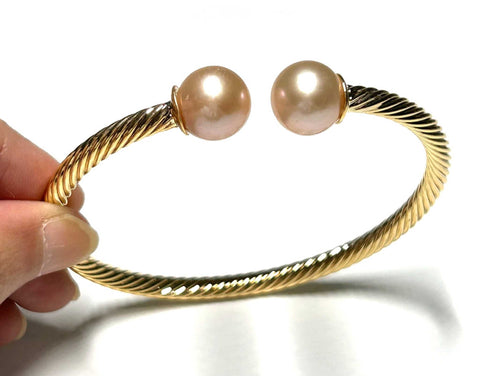 Double Pearls Twist Gold Edison Peach Pink 11mm Round Pearl BangleGorgeous Double Pearls / Twist Style Gold Plated Bangle / Edison Natural Peach Pink Gold 2 x 11mm Round Cultured Pearl 8 - 8.5" Bangle / Best For GiftPEARL INFORMATIBraceletsFine JewelryThe Fine Pearls JewelryDouble Pearls Twist Gold Edison Peach Pink 11mm Round Pearl Bangle