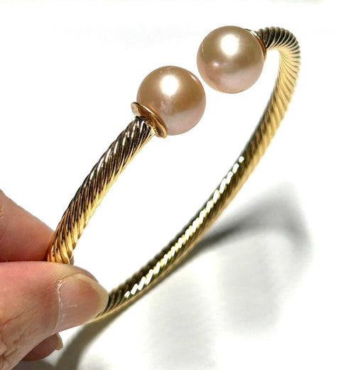 Double Pearls Twist Gold Edison Peach Pink 11mm Round Pearl BangleGorgeous Double Pearls / Twist Style Gold Plated Bangle / Edison Natural Peach Pink Gold 2 x 11mm Round Cultured Pearl 8 - 8.5" Bangle / Best For GiftPEARL INFORMATIBraceletsFine JewelryThe Fine Pearls JewelryDouble Pearls Twist Gold Edison Peach Pink 11mm Round Pearl Bangle