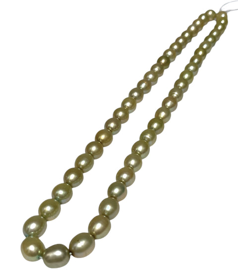 Smooth Oval 7 x 8.5mm Champagne Green Cultured FW Pearl 16" Strand