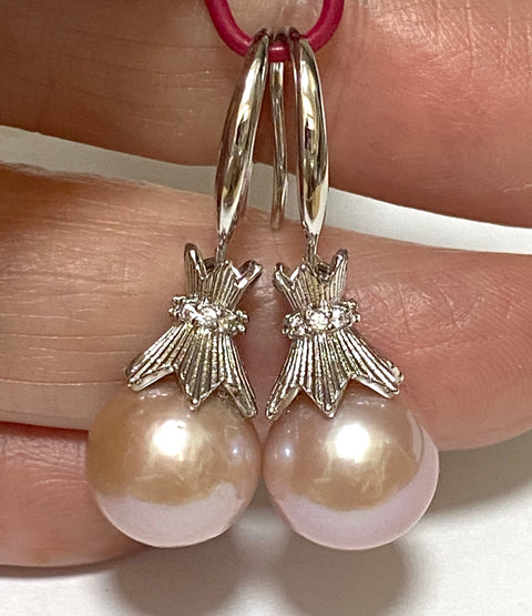 Elegant 10 - 10.5mm Purple Peach Pink Edison Pearl Dangle Earrings