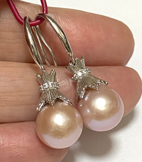 Elegant 10 - 10.5mm Purple Peach Pink Edison Pearl Dangle Earrings