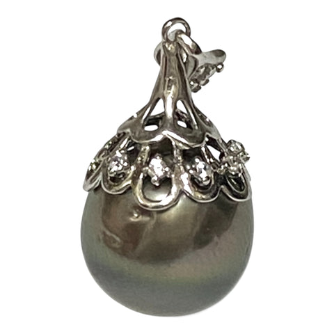 Oval 11.5 x 13mm Tahitian Sea Peacock Black Green Pearl Pendant