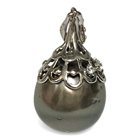 Oval 11.5 x 13mm Tahitian Sea Peacock Black Green Pearl Pendant