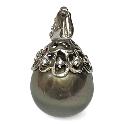 Oval 11.5 x 13mm Tahitian Sea Peacock Black Green Pearl Pendant