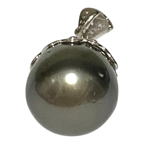 Oval 11.5 x 13mm Tahitian Sea Peacock Black Green Pearl Pendant