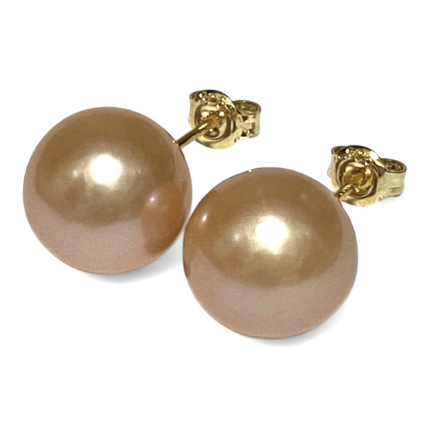 Exquisite 11.8mm Peach Gold Pink Edison Cultured Pearl Stud Earrings