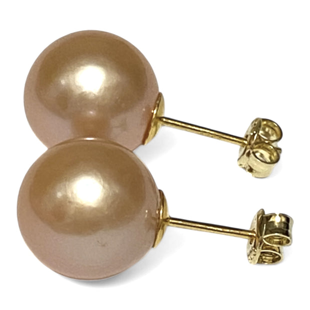 Exquisite 11.8mm Peach Gold Pink Edison Cultured Pearl Stud Earrings