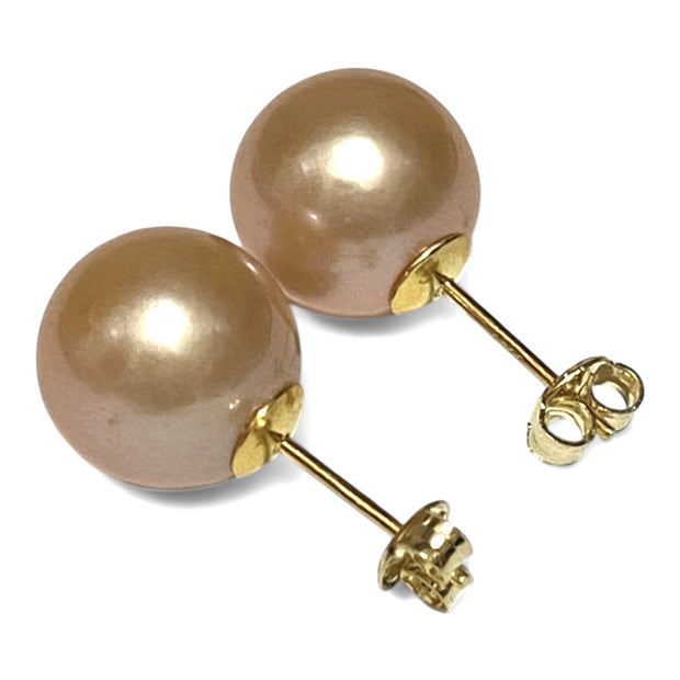 Exquisite 11.8mm Peach Gold Pink Edison Cultured Pearl Stud Earrings