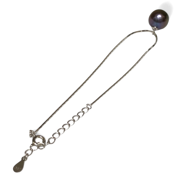 Edison 925 Sterling Silver 10mm Purple Black Round Pearl 7.5" Bracelet