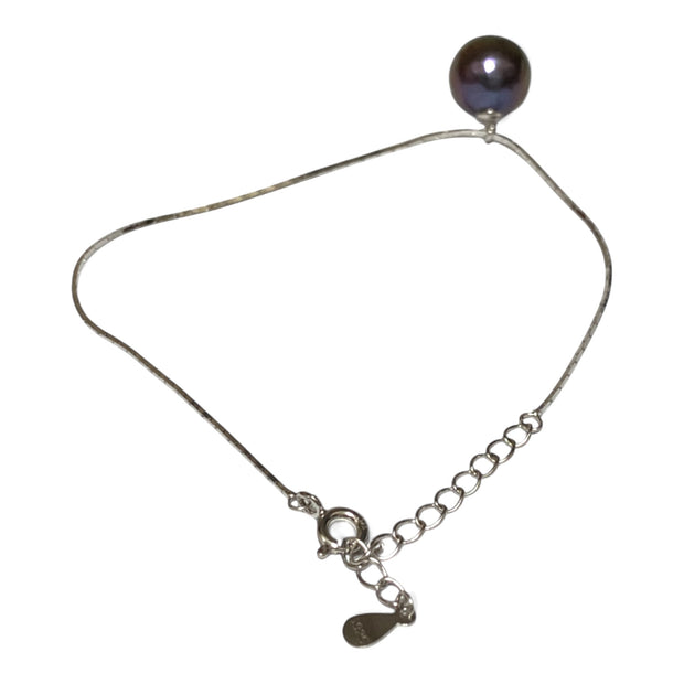 Edison 925 Sterling Silver 10mm Purple Black Round Pearl 7.5" Bracelet