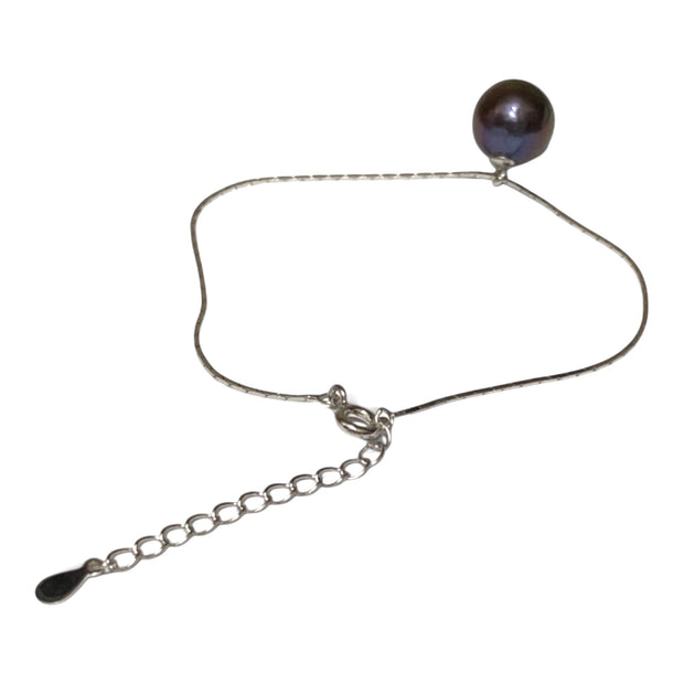 Edison 925 Sterling Silver 10mm Purple Black Round Pearl 7.5" Bracelet