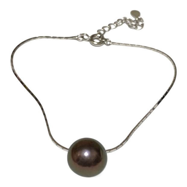 Edison 925 Sterling Silver 10mm Purple Black Round Pearl 7.5" Bracelet