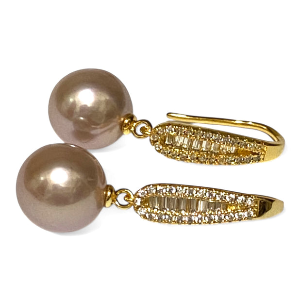 Glorious 10mm Purple Pink Edison Round Pearl Dangle Earrings