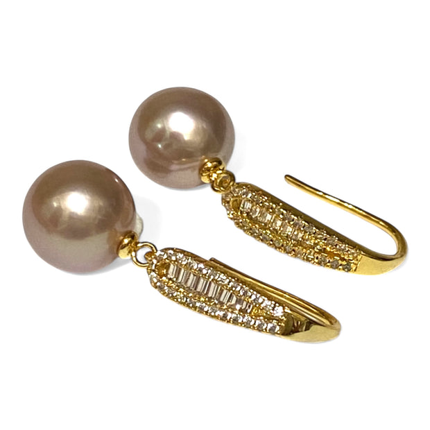 Glorious 10mm Purple Pink Edison Round Pearl Dangle Earrings