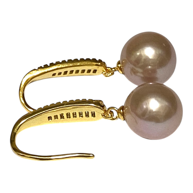 Glorious 10mm Purple Pink Edison Round Pearl Dangle Earrings