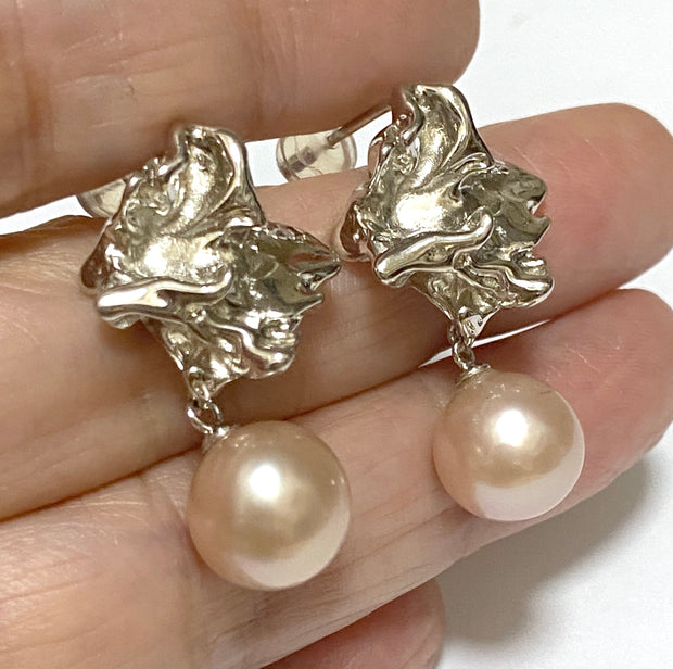 Exquisite Purple Pink Round Edison 10-10.5mm Pearl Dangle Earrings