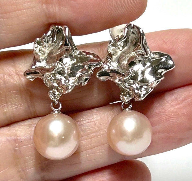 Exquisite Purple Pink Round Edison 10-10.5mm Pearl Dangle Earrings
