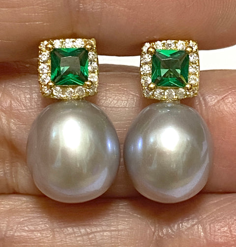 Top Quality 10 x 11.5mm Silver Blue Oval Cultured Pearl Earrings