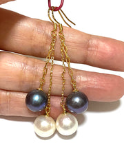 10- 10.5mm 5A Luster White Black Round Edison 2 Pearls Dangle Earrings