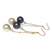 10- 10.5mm 5A Luster White Black Round Edison 2 Pearls Dangle Earrings