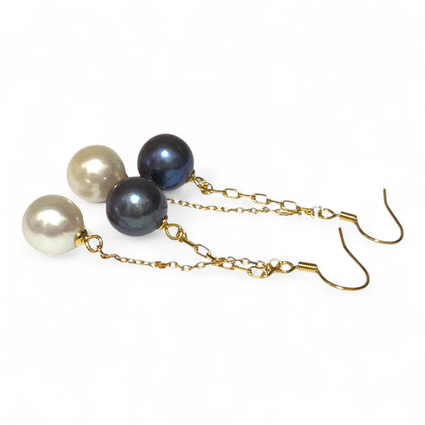 10- 10.5mm 5A Luster White Black Round Edison 2 Pearls Dangle Earrings