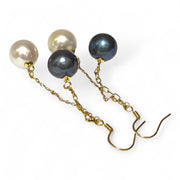 10- 10.5mm 5A Luster White Black Round Edison 2 Pearls Dangle Earrings