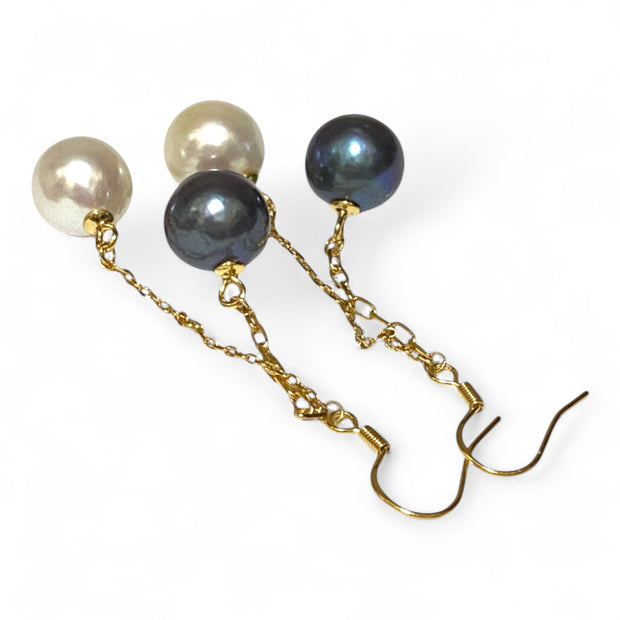 10- 10.5mm 5A Luster White Black Round Edison 2 Pearls Dangle Earrings