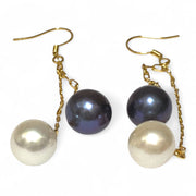 10- 10.5mm 5A Luster White Black Round Edison 2 Pearls Dangle Earrings